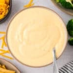 Bowl full of cheddar cheese sauce.