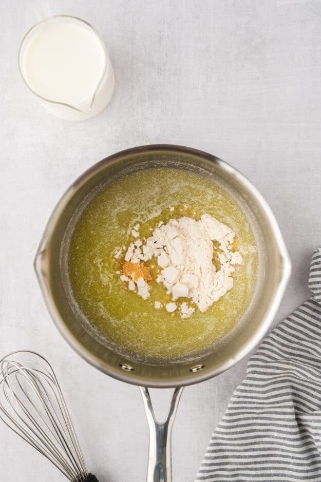 Butter, flour, and ground mustard in sauce pan.