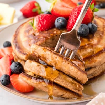 Fork full of buttermilk pancakes.