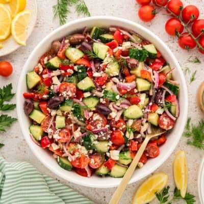 Overhead view of cucumber salad in bowl.