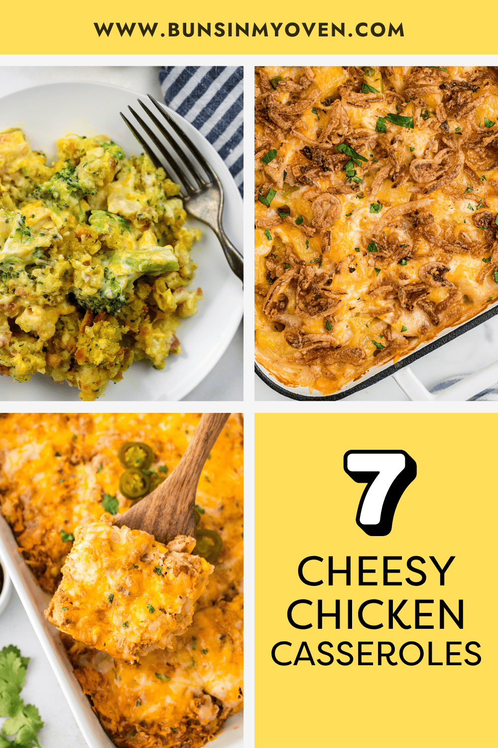 Collage of cheesy chicken casserole recipes.