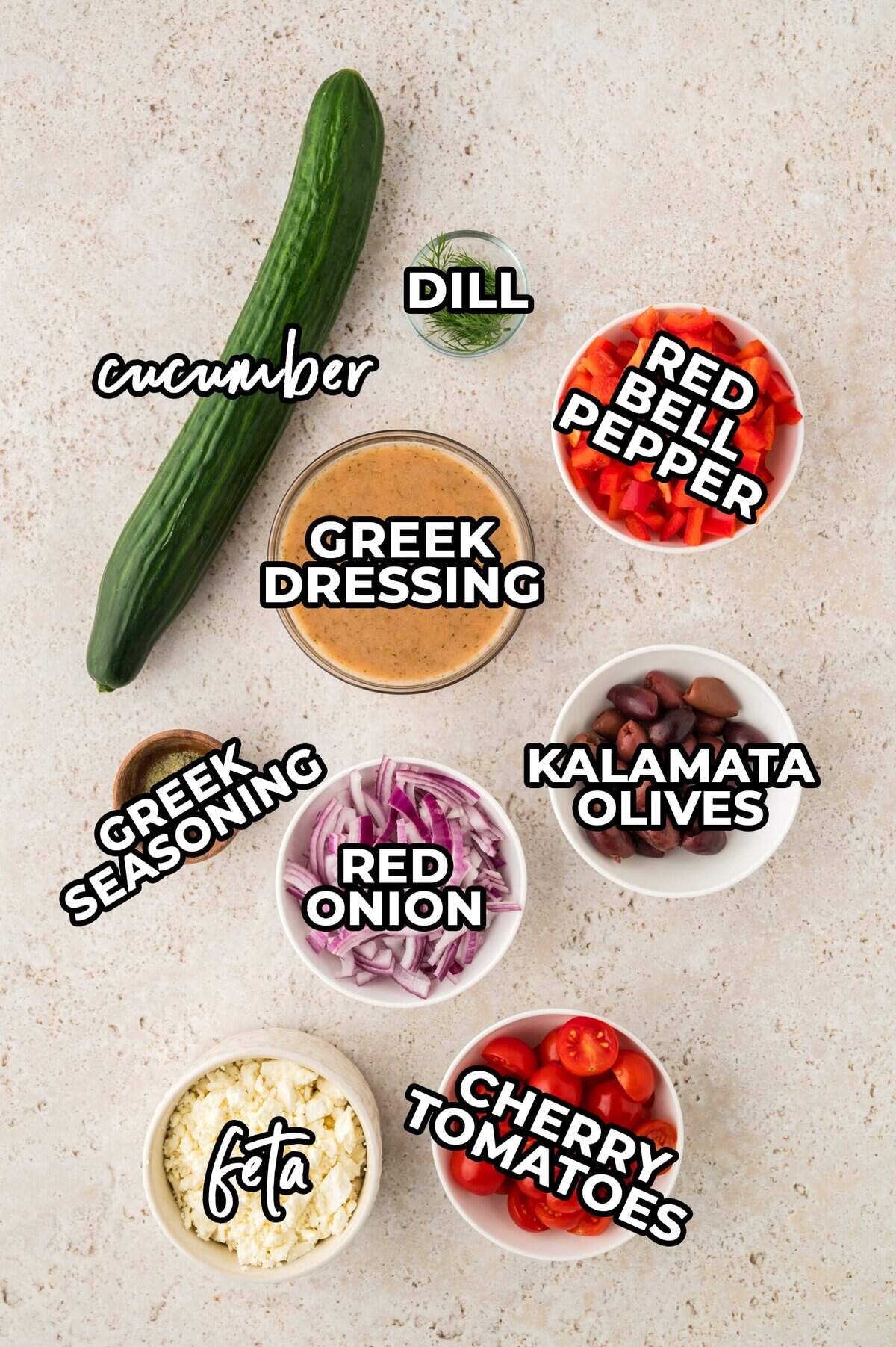 Ingredients for Greek cucumber salad recipe.