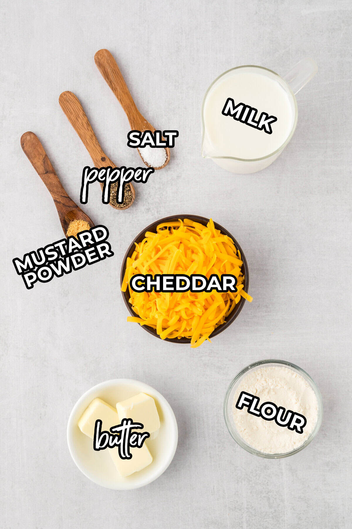 Ingredients for making a basic cheese sauce.