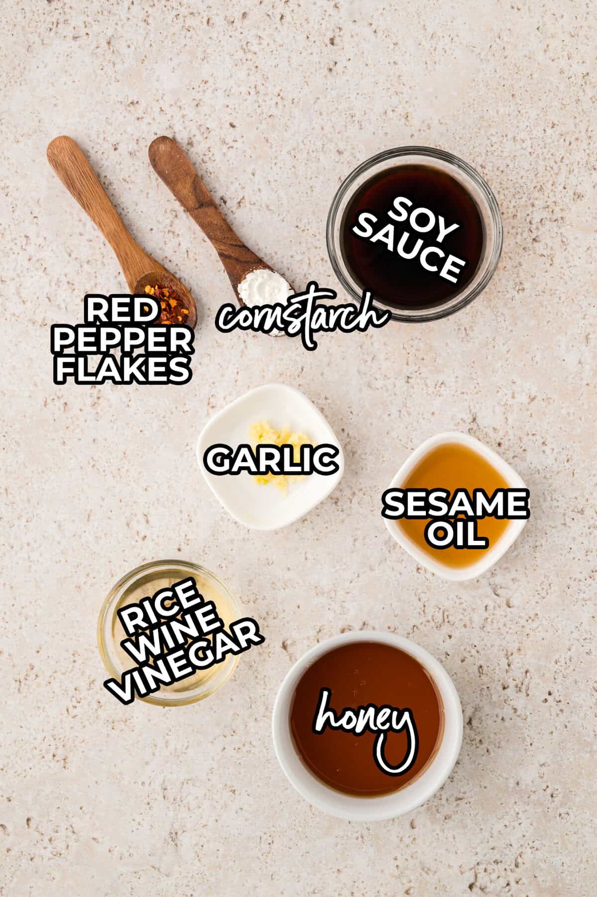 Ingredients for Asian sauce to coat chicken meatballs.