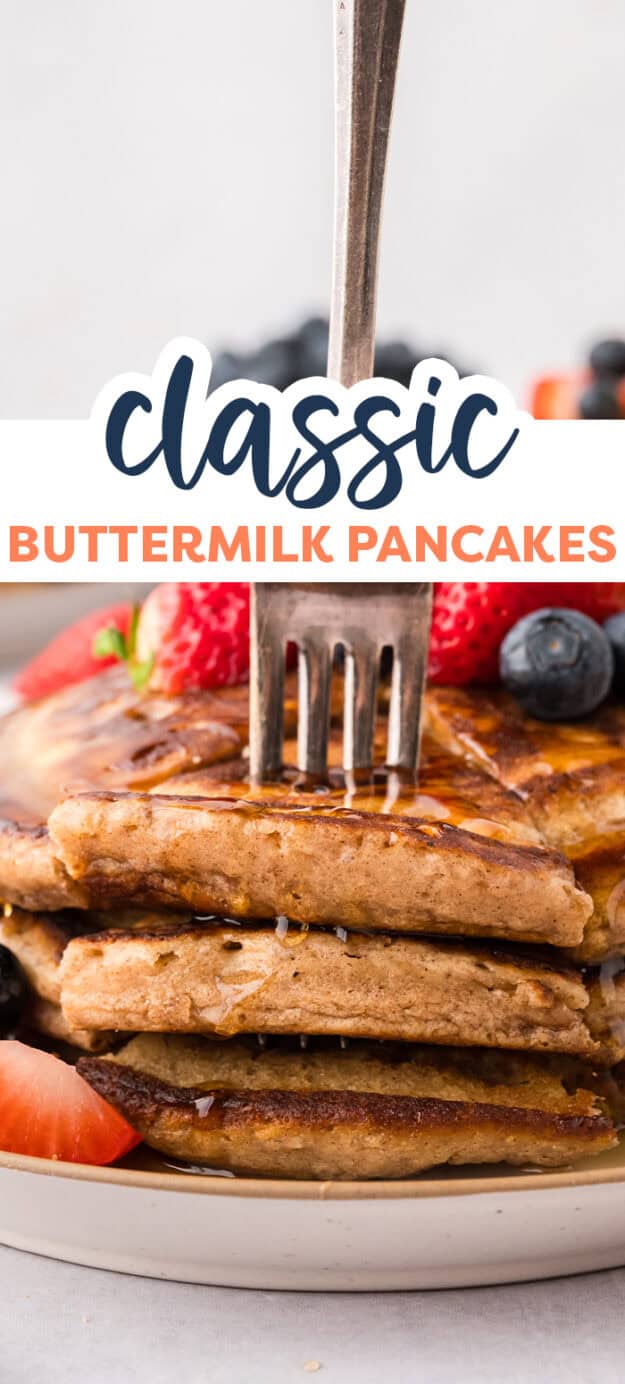 Fork in stack of pancakes.