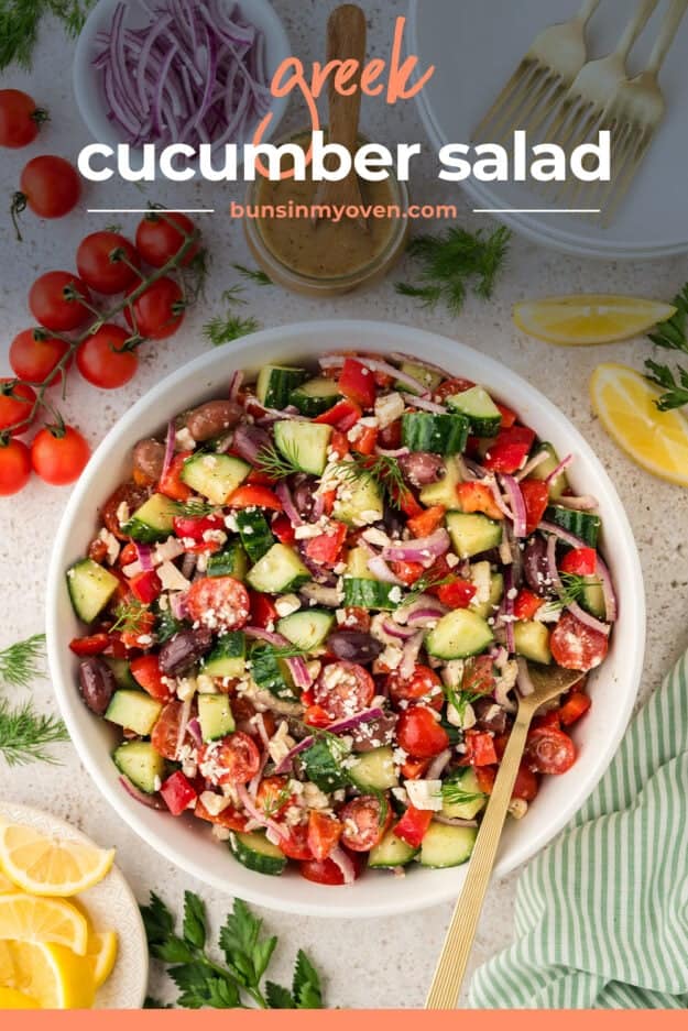 White bowl filled Greek cucumber salad.