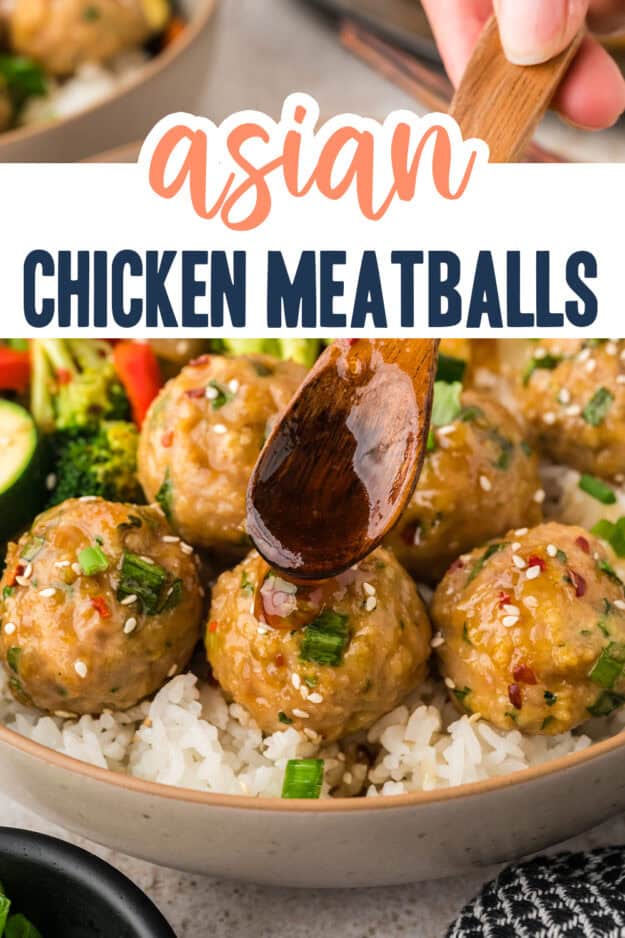 Sauce being drizzled over chicken meatballs.