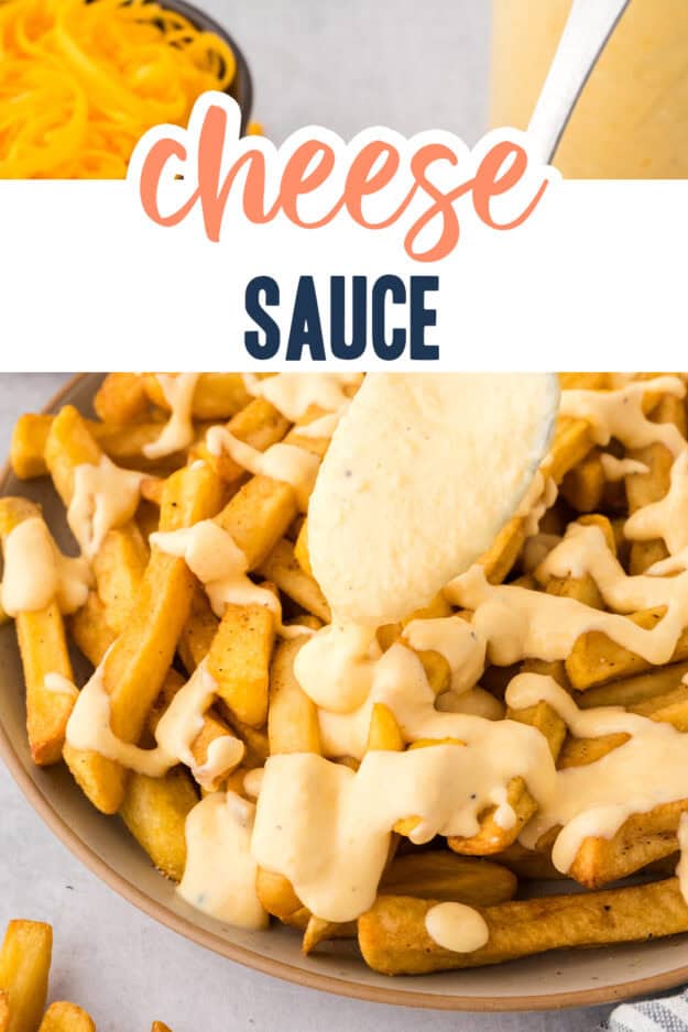 Cheese sauce being drizzled over french fries.
