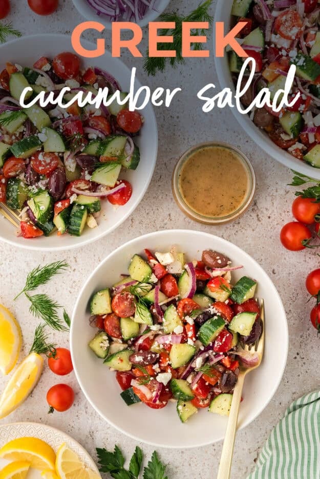 Cucumber salad in white bowl with text for Pinterest.