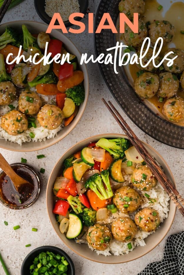 Asian chicken meatballs on plate with rice and stir fry vegetables.