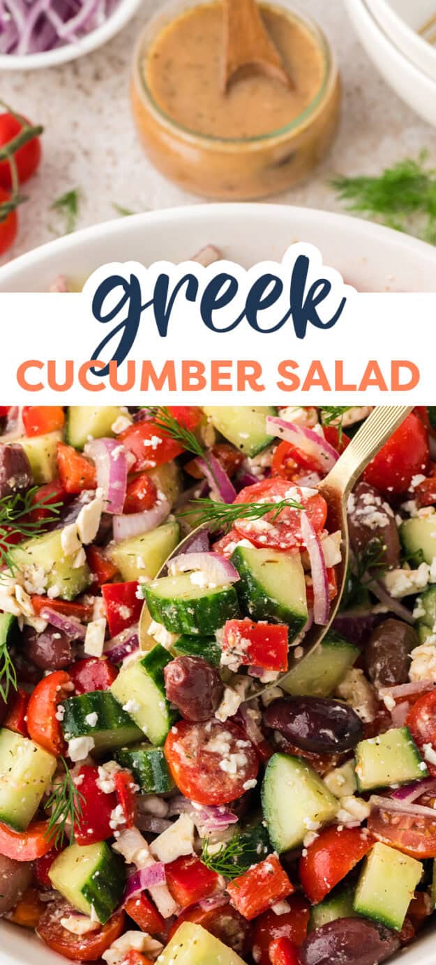 Greek cucumber salad recipe in bowl.