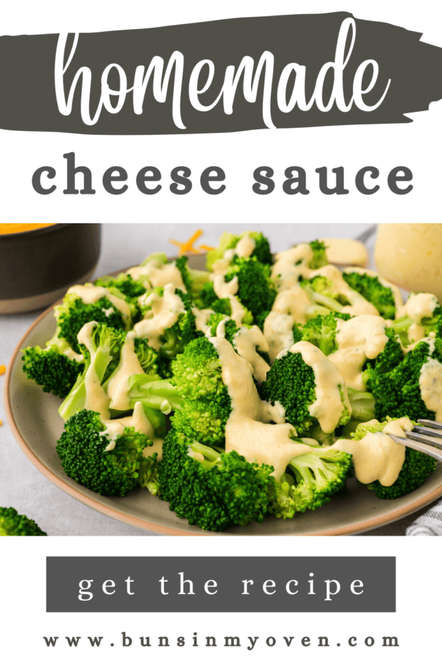 Homemade cheese sauce drizzled over steamed broccoli.
