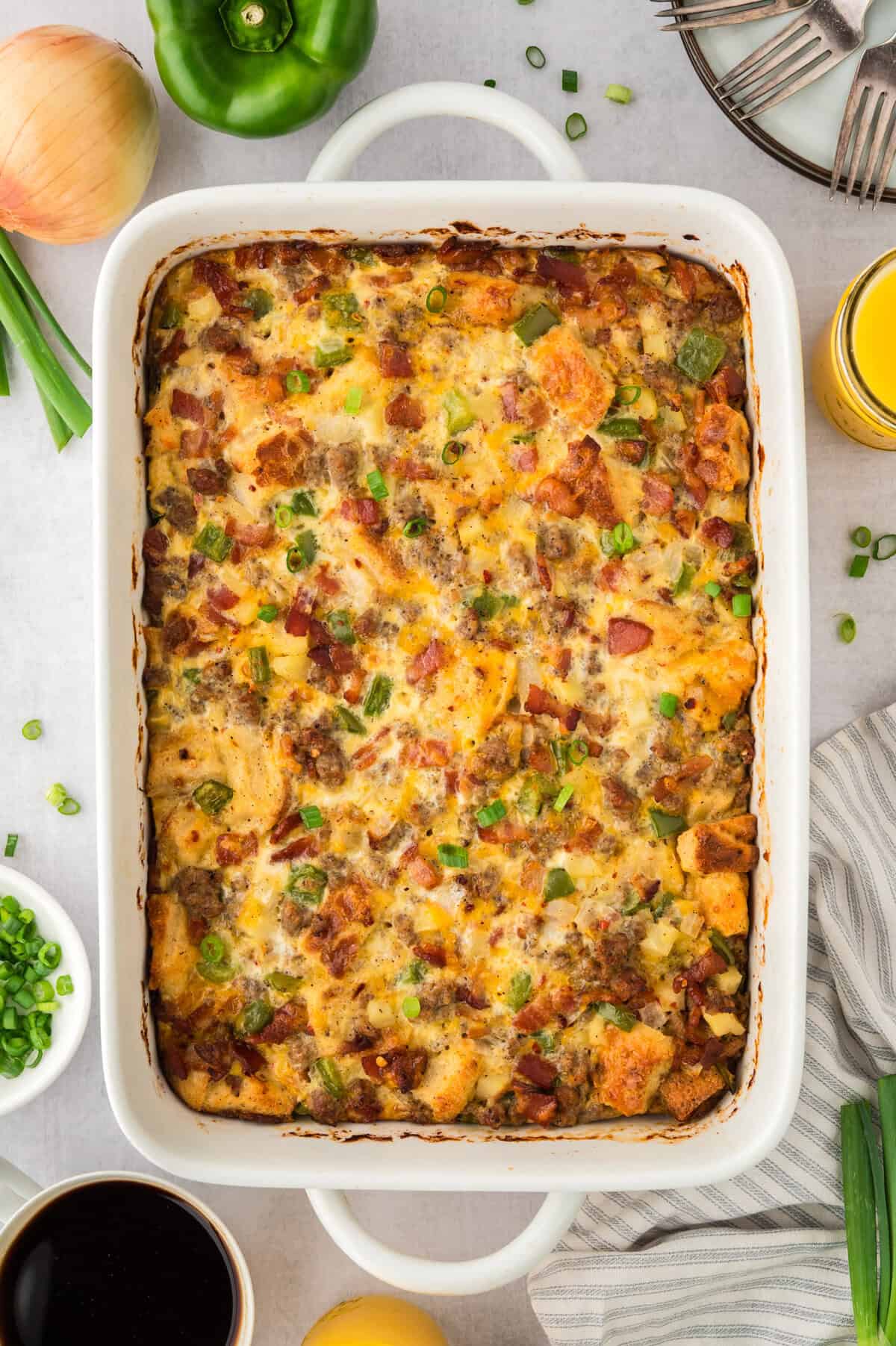 Casserole dish with baked brunch casserole.