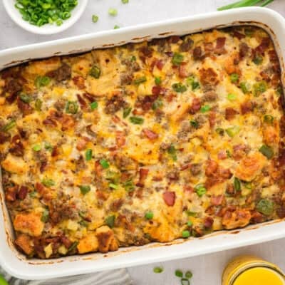 Cowboy breakfast casserole in white baking dish.