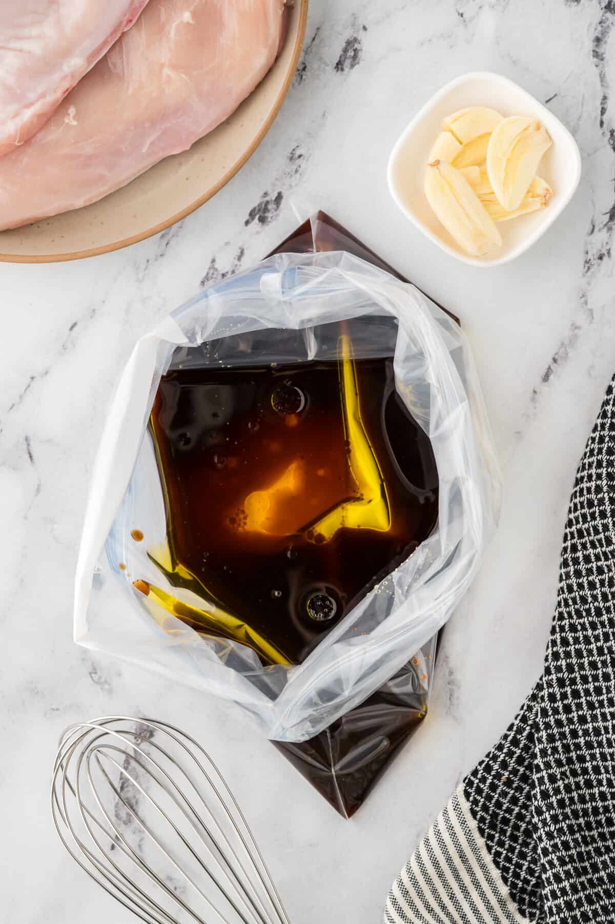 Marinade in ziptop bag.