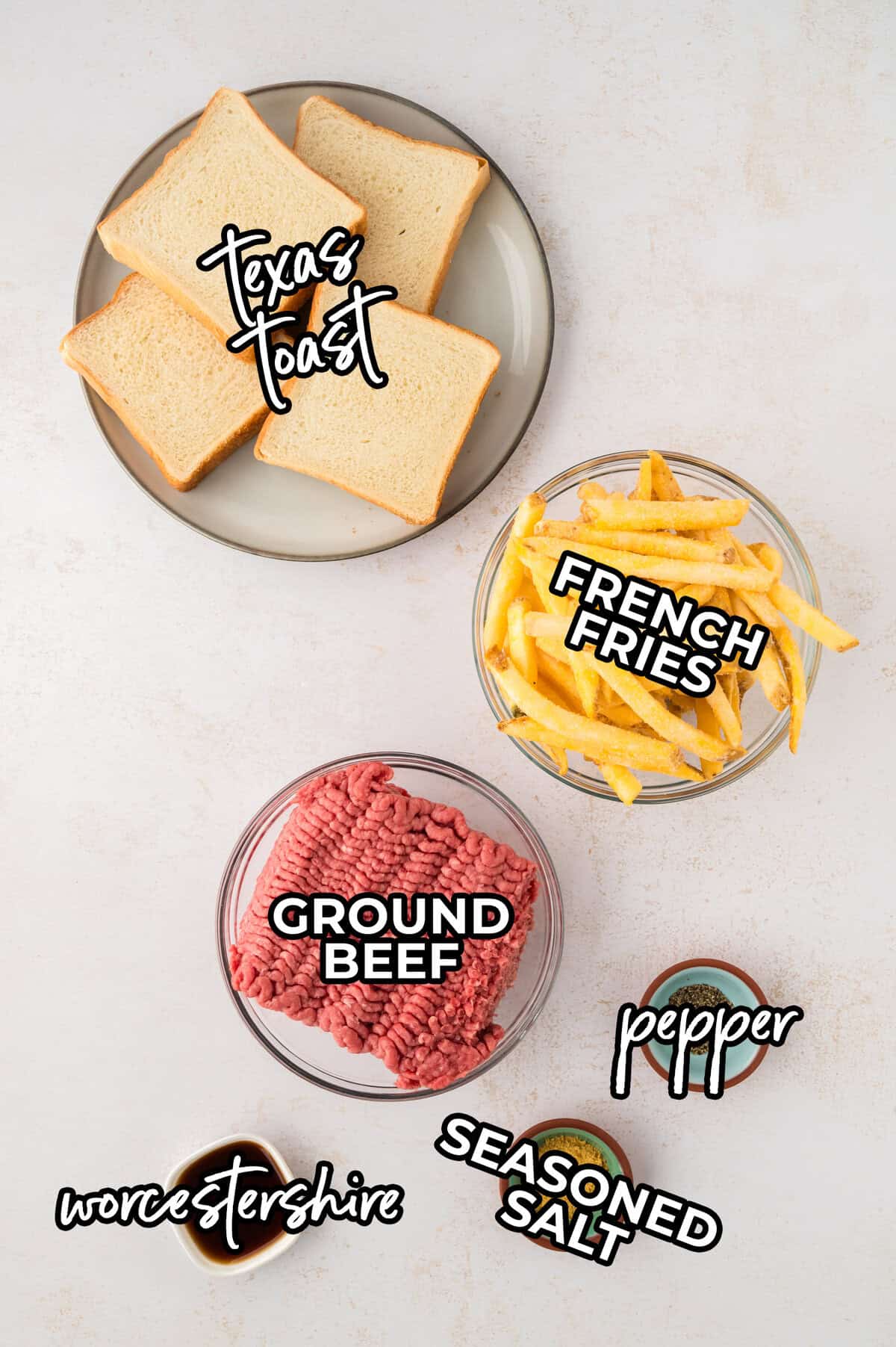 Ingredients for hamburger horseshoe sandwich recipe.