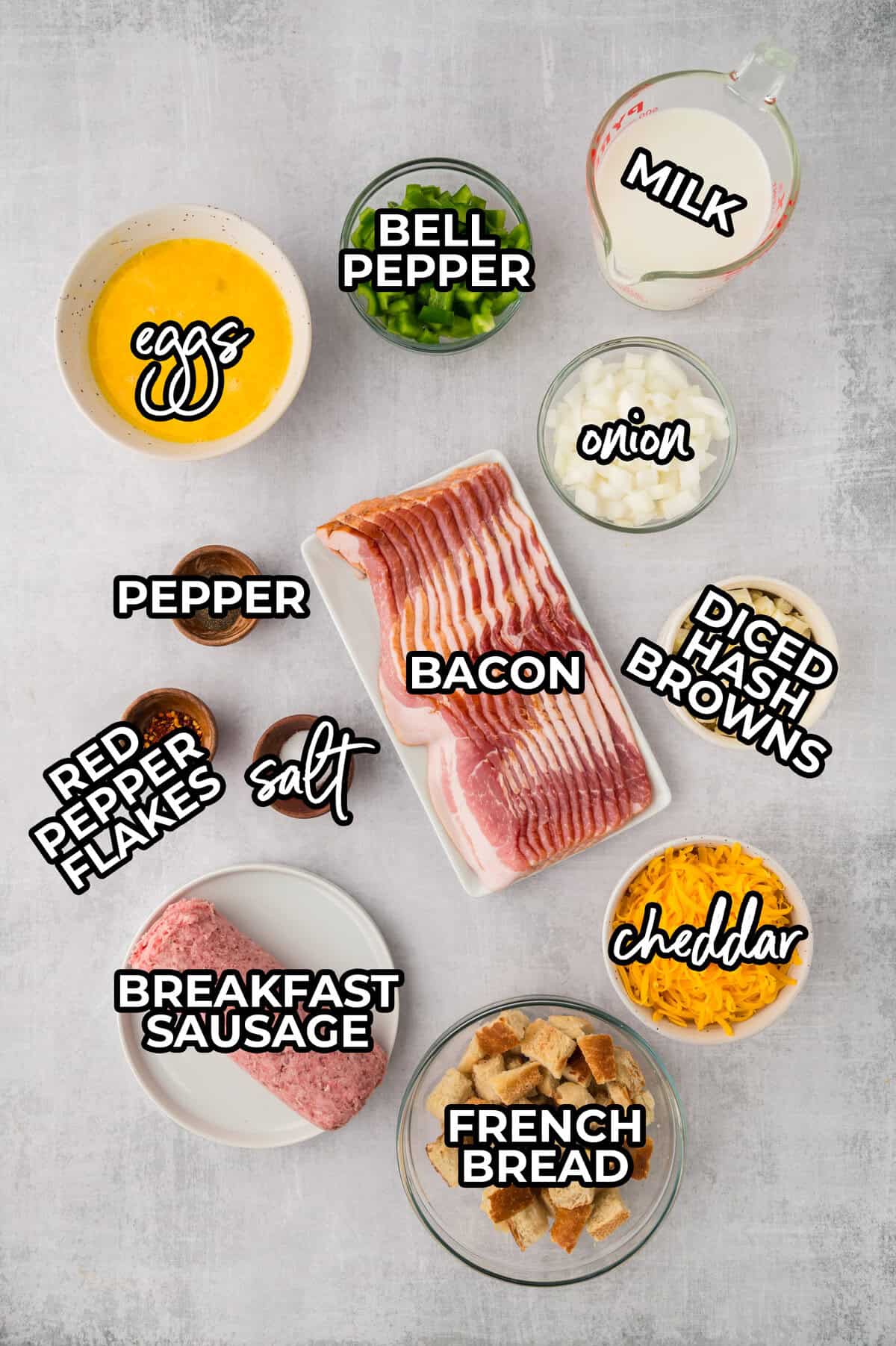 Ingredients for cowboy breakfast casserole recipe.