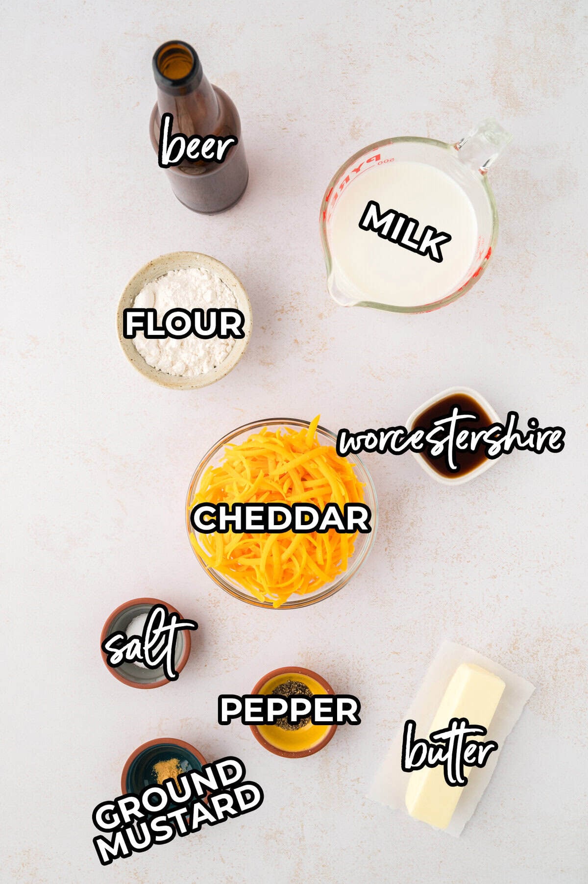 Ingredients for beer cheese sauce.