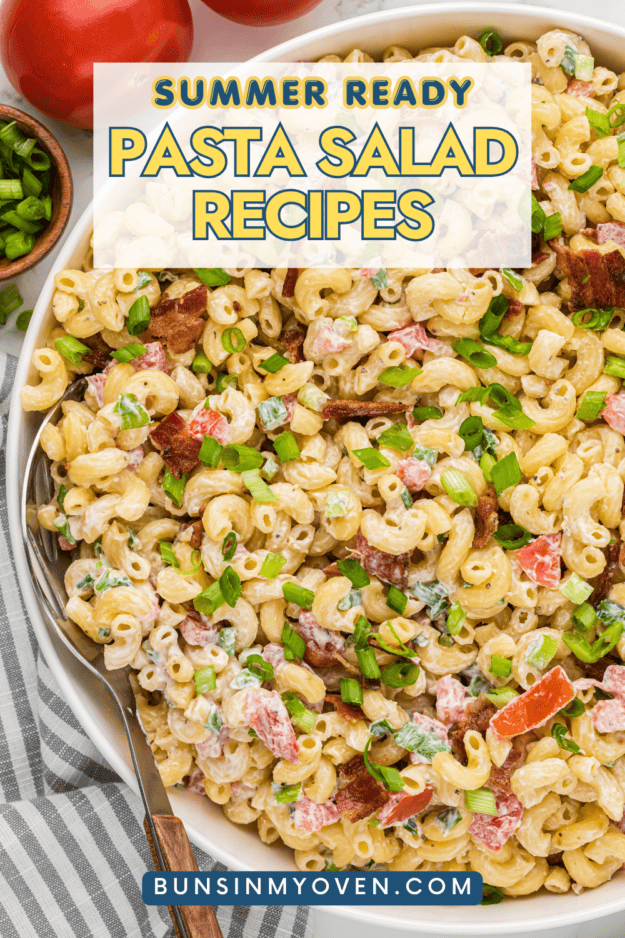 BLT pasta salad in white bowl.
