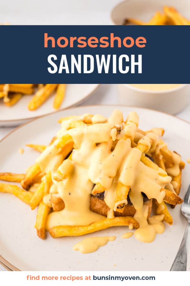 Pile of fries on top of burger patty coated in cheese sauce.