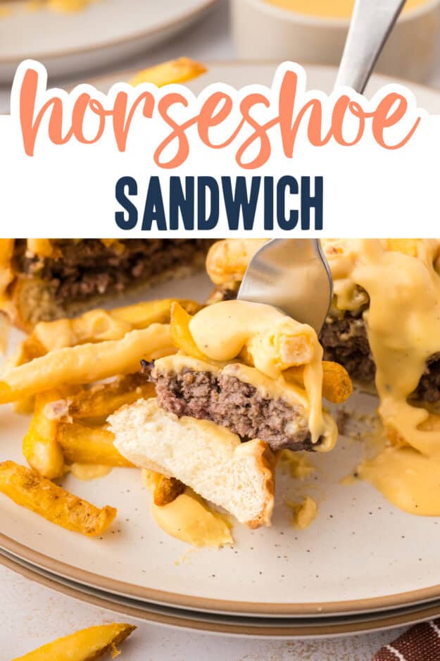 Fork with a bite of hamburger horseshoe sandwich on it.