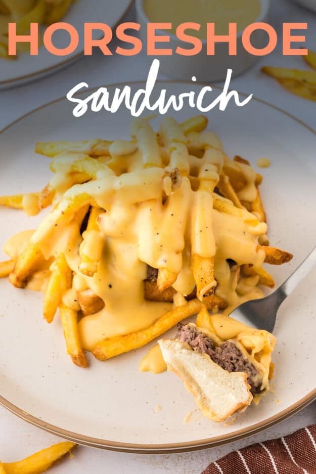 Horseshoe sandwich on plate.