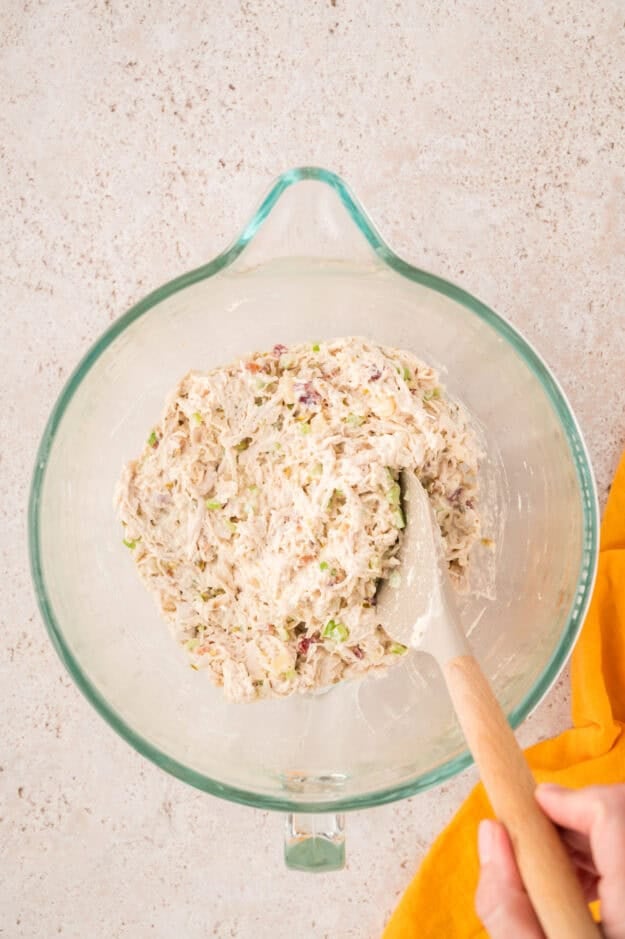 Chicken salad chick maui mama recipe in mixing bowl.