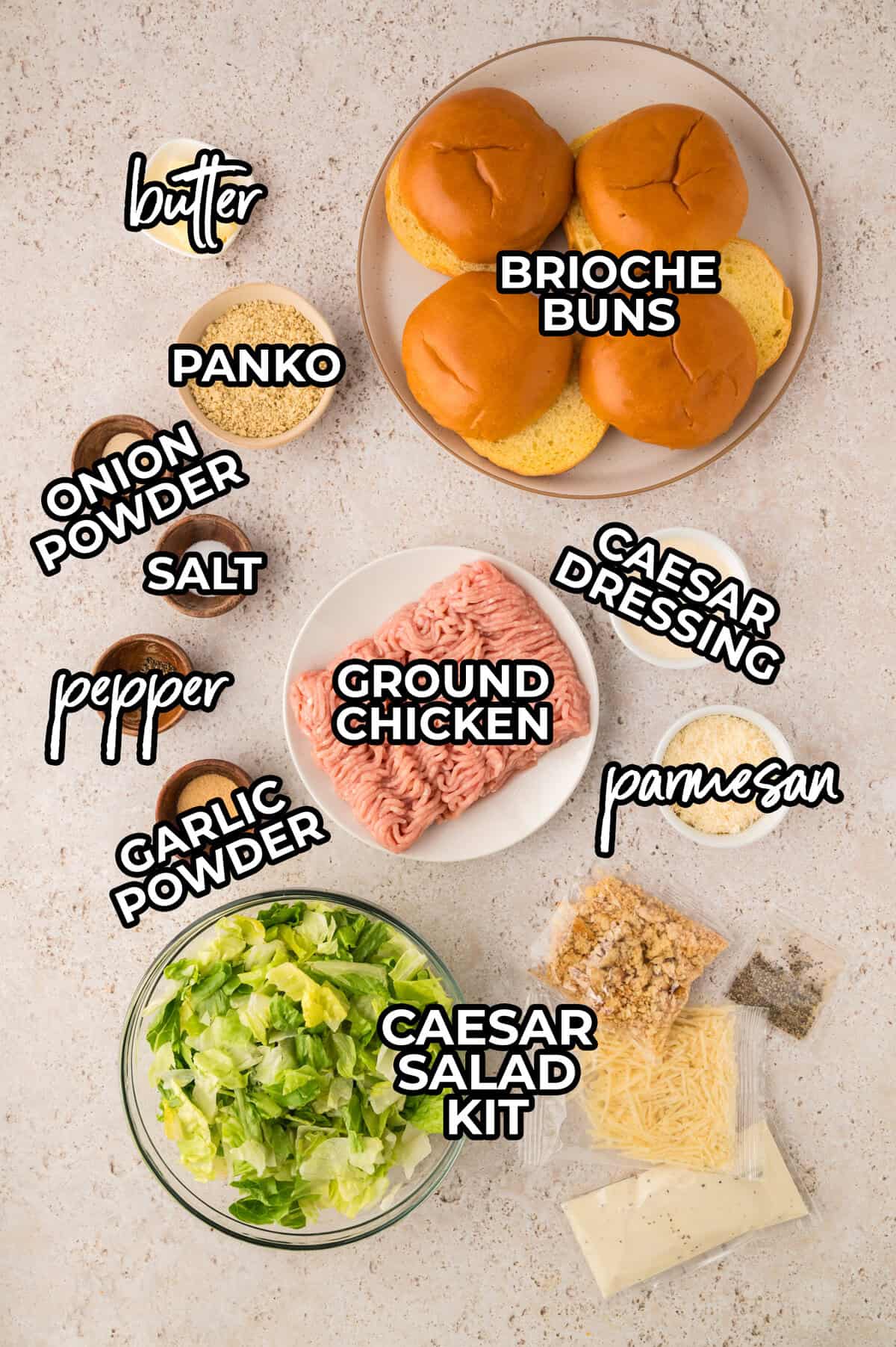 Ingredients for chicken Caesar burgers.
