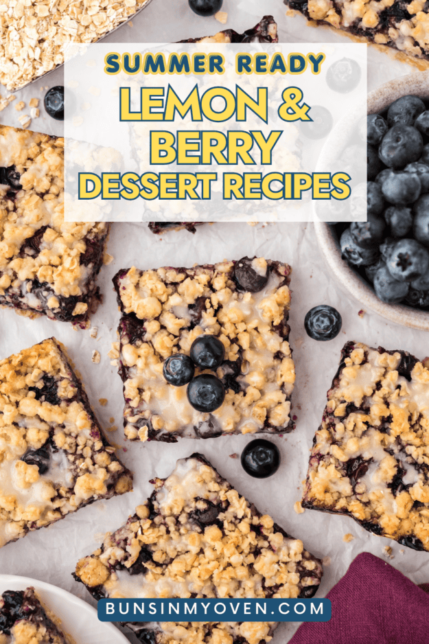 Blueberry crumble bars on countertop.