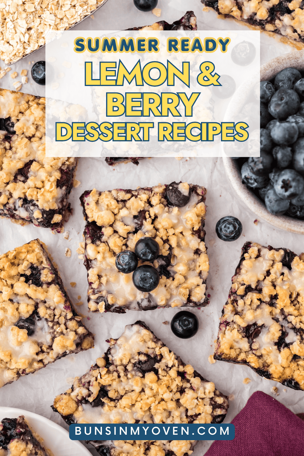 Blueberry crumble bars on countertop.
