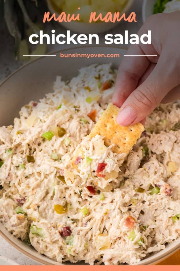 Chicken salad chick's maui mama chicken salad on a cracker.