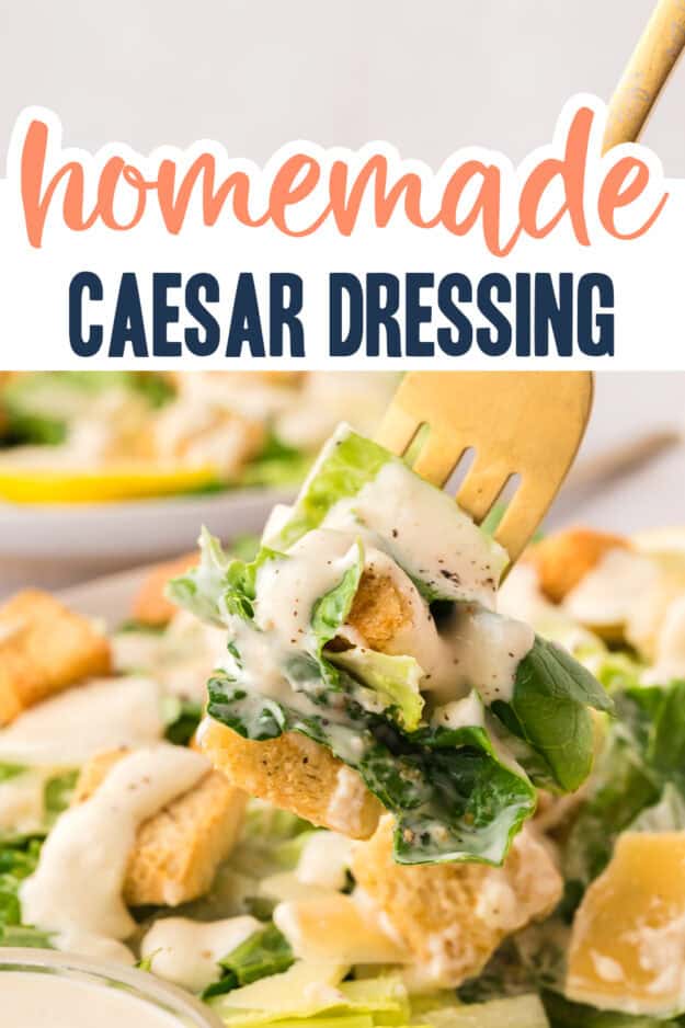 Fork full of Caesar salad.