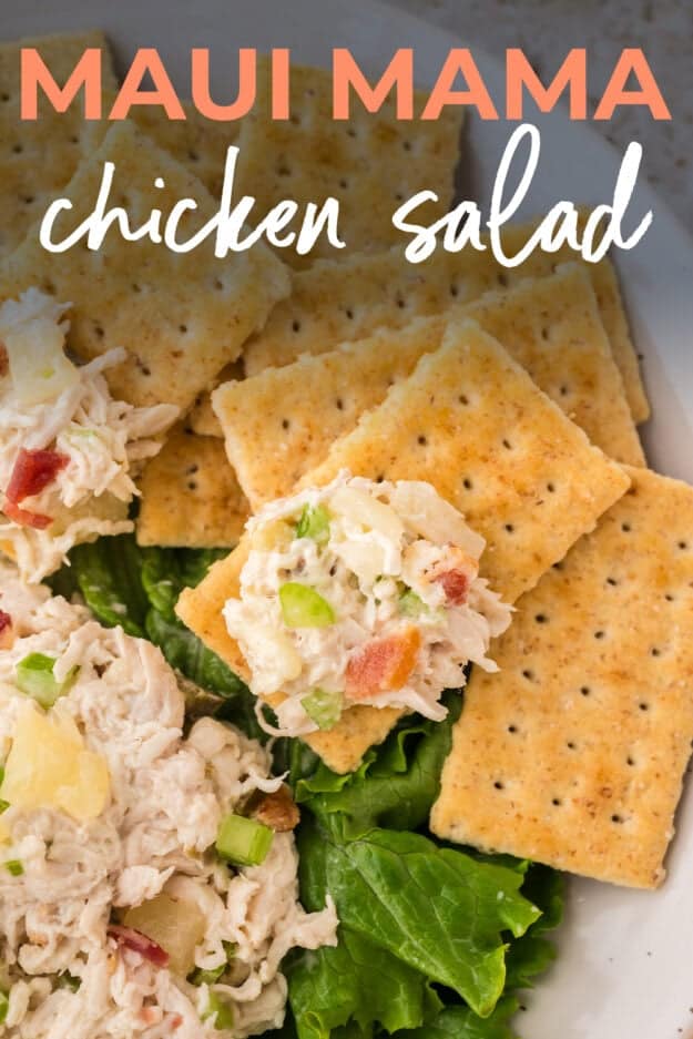 Chicken salad on crackers with pineapple and bacon.