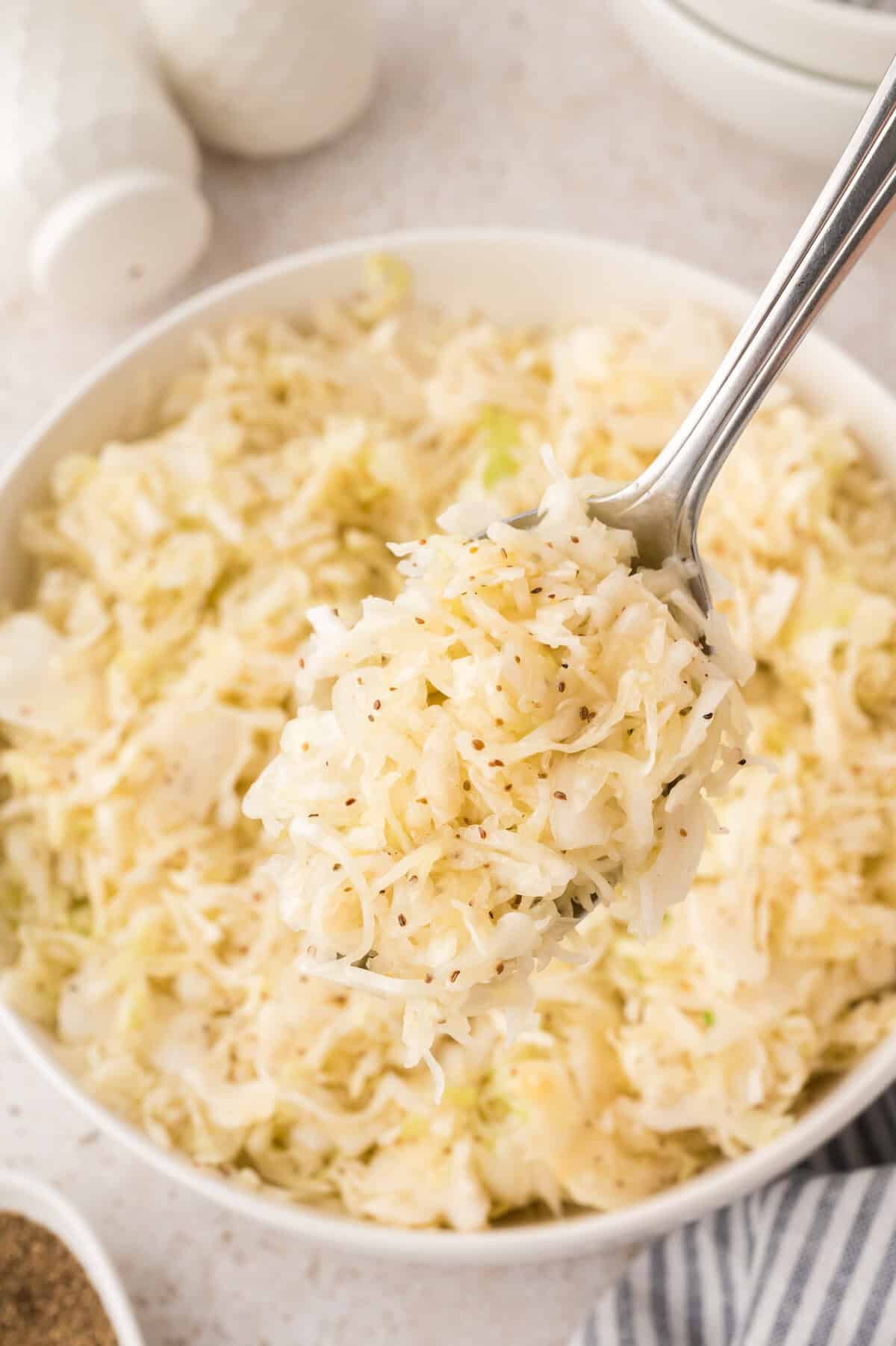 Vinegar coleslaw on spoon over serving bowl.