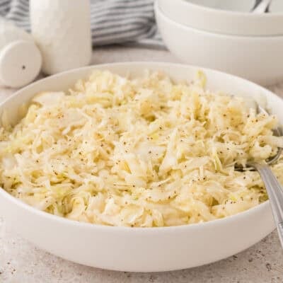 Serving bowl filled with vinegar coleslaw recipe.