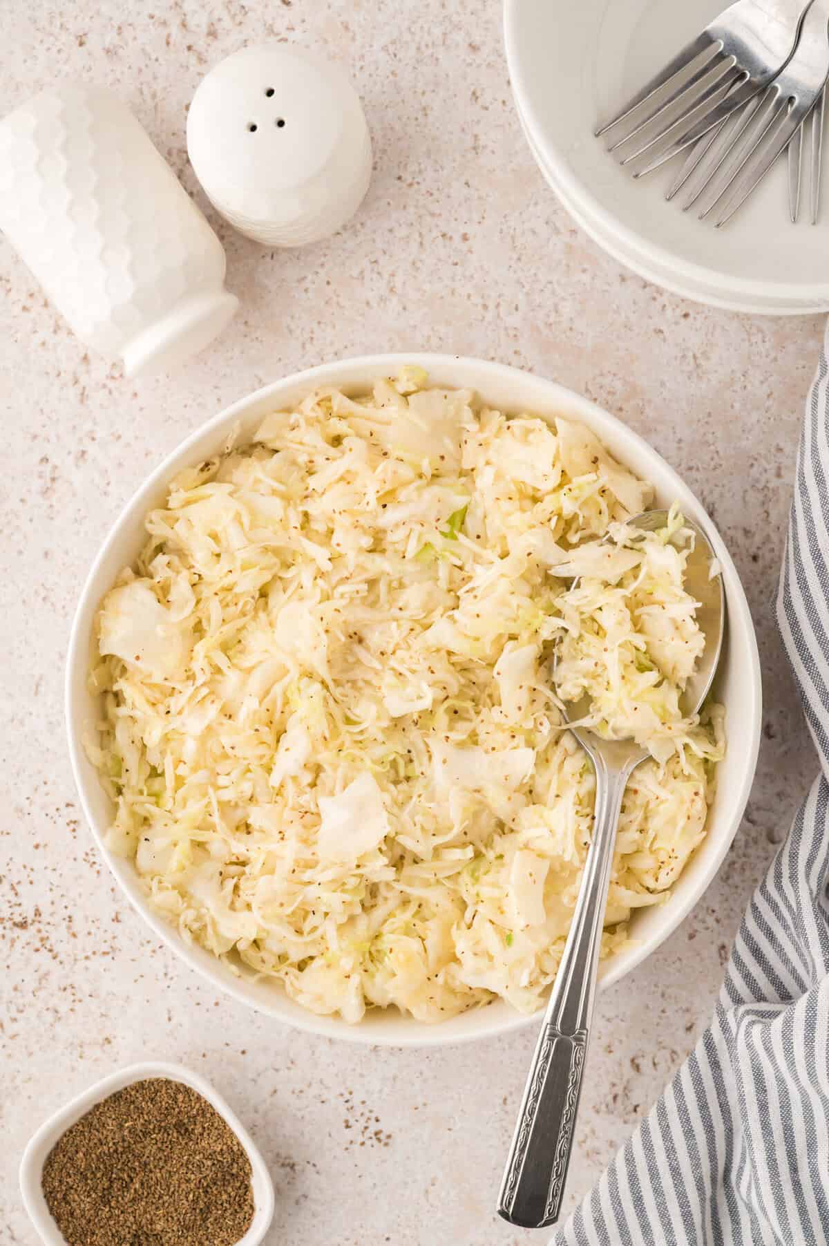 Overhead shot of vinegar coleslaw in serving dish.