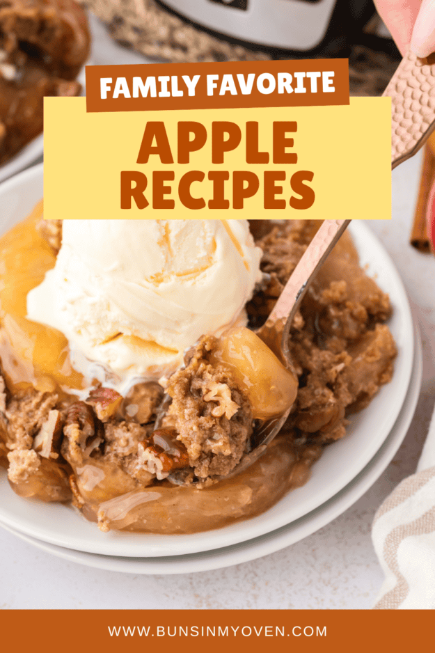 Apple dump cake on plate with ice cream.