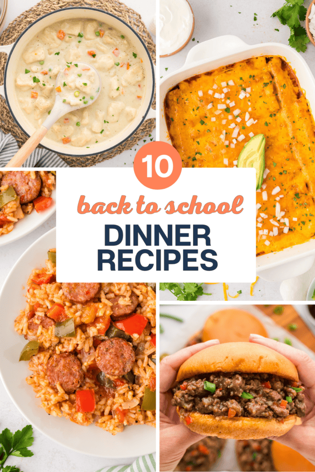 Collage of back to school dinner recipe images.
