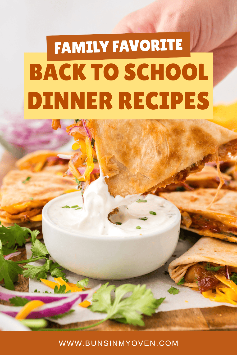 BBQ chicken quesadilla being dipped into ranch.