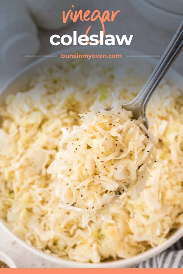 Serving bowl filled with vinegar coleslaw.