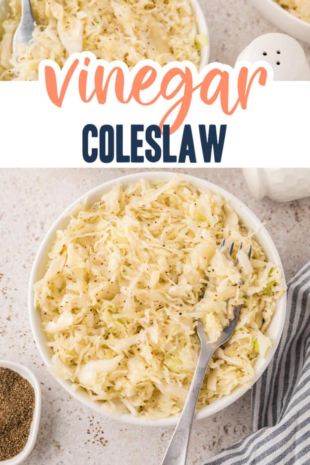 Vinegar coleslaw recipe in white bowl.