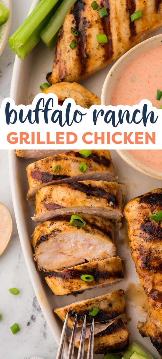Sliced buffalo ranch grilled chicken on platter.