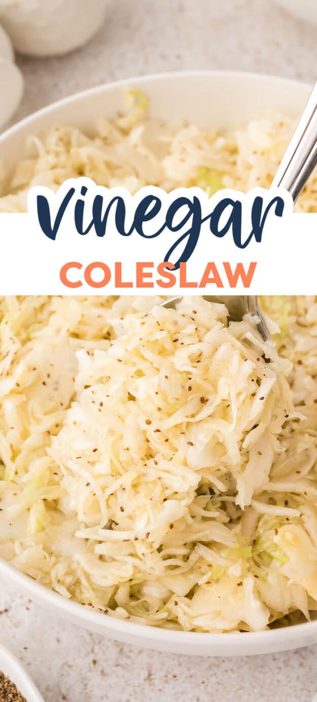 Coleslaw made without mayonnaise on serving spoon.