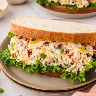 Chicken salad with cream cheese in sandwich.