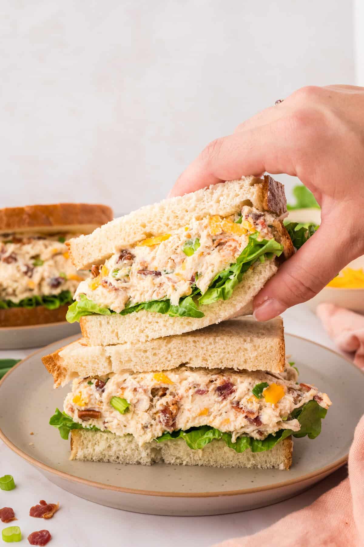 Hand grabbing a chicken salad sandwich.