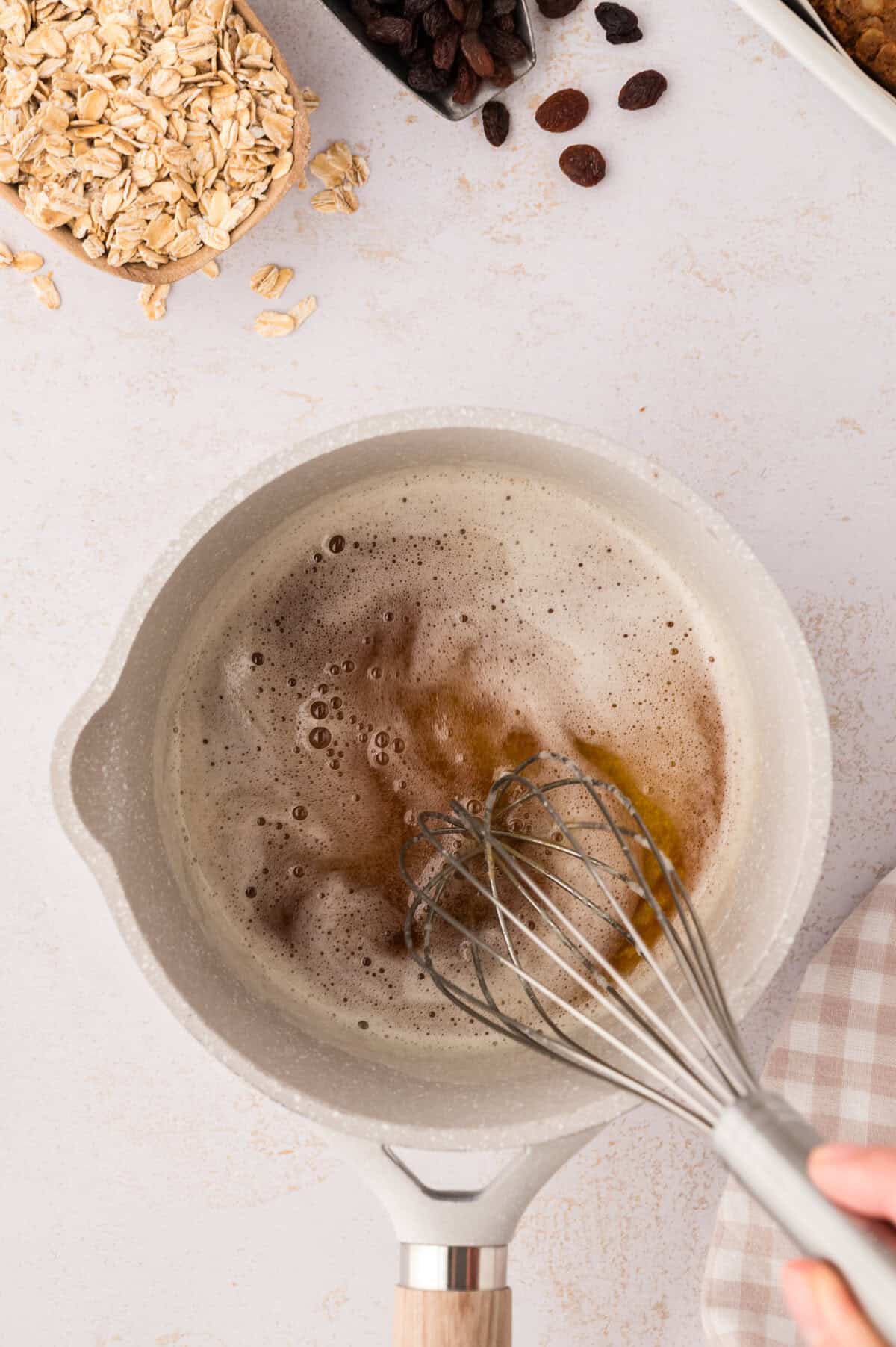 Browned butter in saucepan.