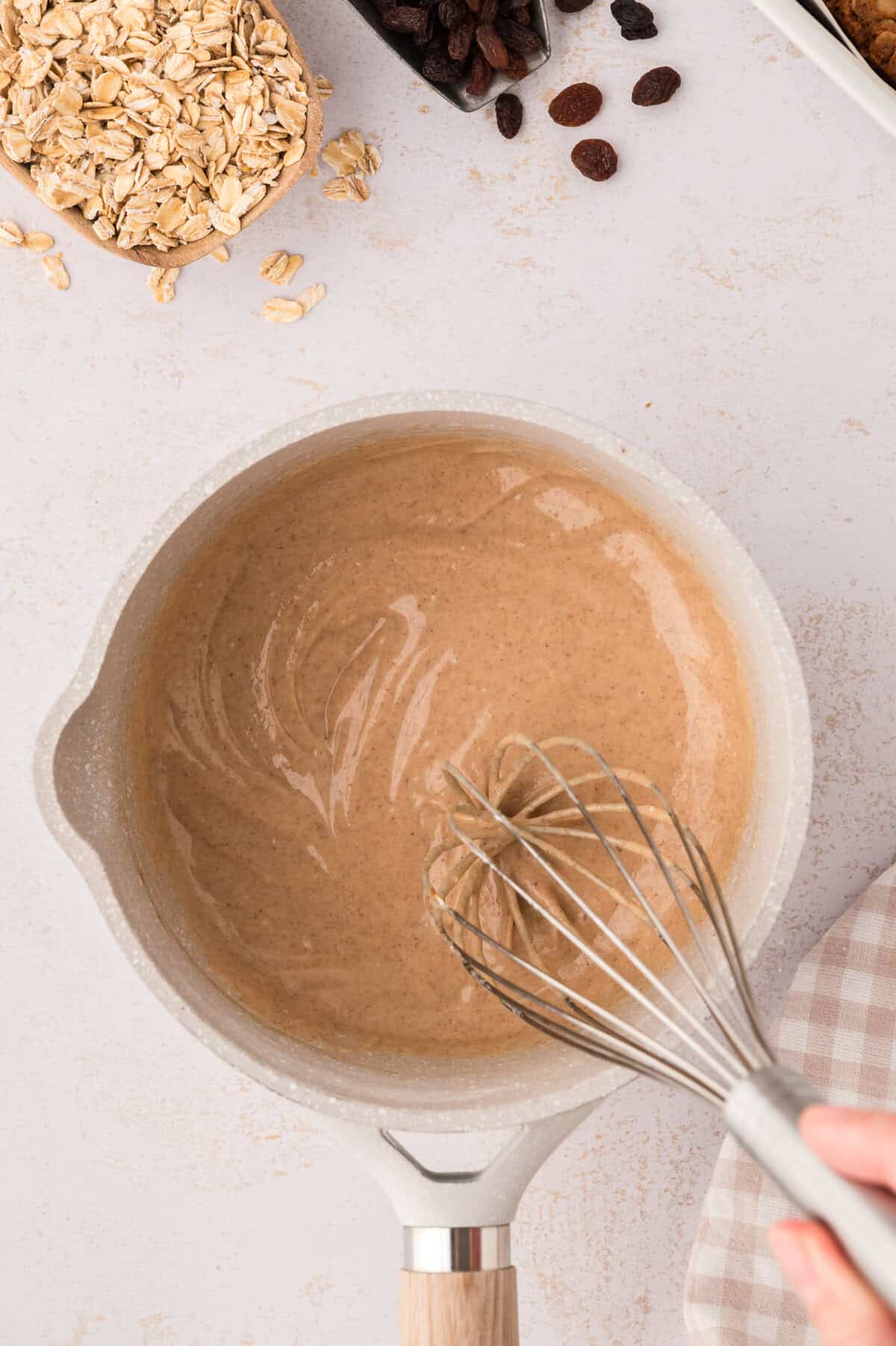 Browned butter glaze in saucepan.