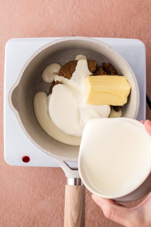 Butter, cream, amd brown sugar in sauce pan.