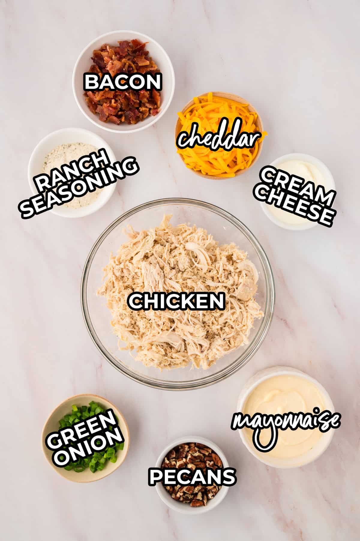 Ingredients for crack chicken salad laid out on counter.