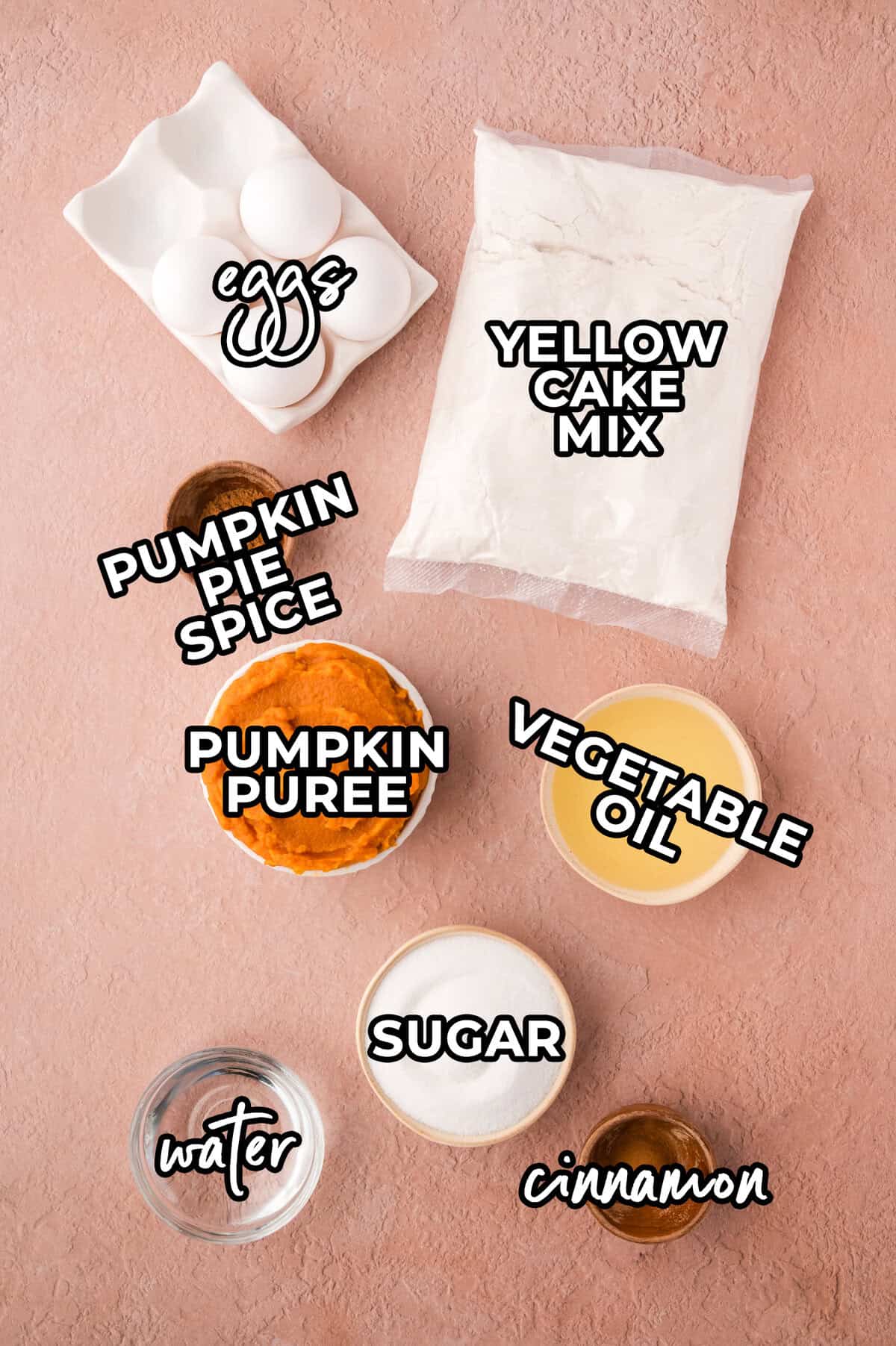 Ingredients for making a pumpkin cake with cake mix on counter.